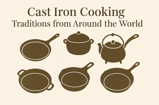 Flat graphic illustration of global cast iron cookware including a skillet, Dutch oven, kettle, and griddle pans, arranged on a beige background with the title "Cast Iron Cooking Traditions from Around the World" in serif font.